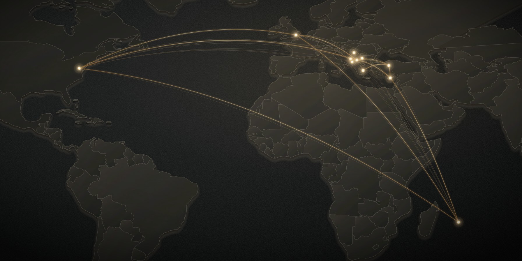 World map showing connections among the eleven active markets in the IK Legal Consultancy network.